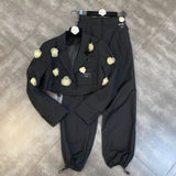 2022 Autumn Long Sleeve Appliques Single Button Black Slim Short Crop Blazer Full Pants Two Piece Set Tracksuits
