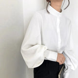 Lantern Sleeve Blouse Women Spring Fashion Single Breasted Stand Collar Shirts Female Office Work Blouse Solid White