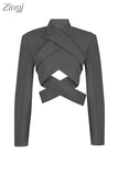 Autumn New Korean Style Fashion Grey Blazer Backless Suits Women Crop Coat Ladies Streetwear Cross Sexy Suit Jacket
