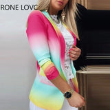 Women Coat Ombre Colorblock Long Sleeve Blazer Coat Office Lady