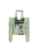New Autumn Vintage Gauze Hollow V-Neck Off-Shoulder Green Tie Dyed E-girl Crop Tops Women's Party Club Sexy T-Shirt