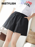 Women Summer Casual Solid Cotton Linen Loose Shorts Korean Harajuku Elastic Waist Wide Leg Short Pants Summer Basic Chic