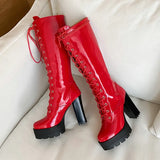 Spring Autumn Lacing Knee High Boots Women Fashion White Square Heel Long Boots Woman Leather Shoes Winter Large Size