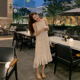 Fashion Chiffon Dress Round Neck A-line Shape Striped Slim Long Dress Daywear Solid Color Casual Female