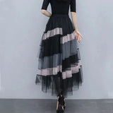 Y2K Patchwork Tulle Skirts Women High Waist Irregular Mesh A Line Midi Skirt Korean Elegant Asymmetrical Pleated