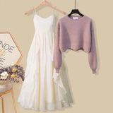 Women Spring Two Pieces Sets Korean Long Sleeve Knitted Sweater Cardigan And Ruffles Patchwork Mesh Long Dress