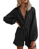Queens Women Boho Bodysuits Solid Long Sleeve Pockets Loose Rompers Bohemian Polyester Sashes