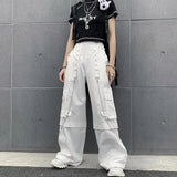 Goth trouser chain white overalls Korean version of INS hip-hop high waist loose slim straight wide leg mopping
