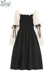 Women French Puff Sleeve Dress Vintage Lace Spliced Long Sleeve Square Collar Elegant Sweet Midi Dresses Clothes 2023 Autumn