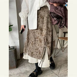 Retro Print Irregular Double-Layer Slit Straps High Waist Thin A-Line Long Skirt Women Spring Korean Mid-Length