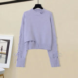 Women Winter Patchwork Long Sleeve Knitted Tops + Asymmetric Skirt 2 Piece Suit Female Party Elegant Two Piece