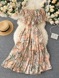 Floral Chiffon Midi Dress Women Sexy Slash Neck Ruffle Short Sleeve A-line Printed Vacation Beach Vestidos Robe