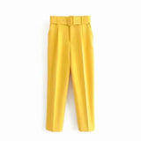 Solid Women Suit Pants Office Lady Empire Waist Belt Trousers Elagant Sashes Casual Chic