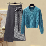 Women Autumn Winter Warm Knitted Two Pieces Sets Korean Long Sleeve Pullover Sweater Top And High Waist Skirts