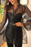 Spring Y2K Blouse Summer Sexy Black See Through Mesh Shirt Women Bubble Sleeve Long Sleeve Shirt Clothes Elegant