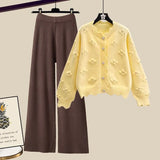 Winter Knit Sets Womens Outfits Korean Sweet Floral Knitted Cardigan And Wide Leg Pants Sets Ladies Elegant Knitting