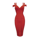 2022 Spaghetti Strap Solid Women Bandage Dresses Hollow Out Sleeveless Mid-Calf V-Neck Night Club Party Fashion