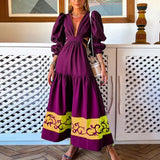 Lantern Long Sleeve Boho Party Long Dress Retro Printed Pleated Dresses Women Deep V Neck Hollow Waisted A-Line