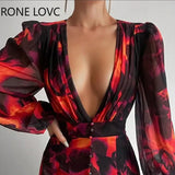 Women Chic Deep V Neck Long Lantern Sleeves Tie Dye Button Midi Sexy Party Chiffon