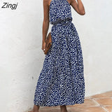 Elegant Sexy beach long Dress Women Print Flowers Polka-dot strap Ladies Halter boho dress women vestidos 2021