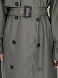 Spring Autumn Long Gray Pu Leather Trench Coat for Women Raglan Sleeve Belt Runway Luxury Designer European Fashion