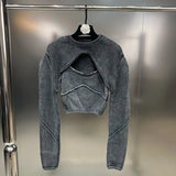 2022 Autumn New Arrivals Long Sleeve Faux Denim Color Shawl Pullover Sweater Knitted Tank Top Two Piece Set