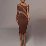 Winter Diagonal Collar Sexy Personality Mesh Patchwork Perspective Dress Women Y2K Slim Fashion Vestido Midi Robe