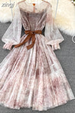 Mesh Printed Dress Women Spring Autumn Round Neck Puff Long Sleeve Ink Pattern A-Line Big Swing Vestidos Female 2023