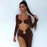 2022 Autumn Two Piece Set Women Square Collar Full Sleeve Crop Top And High Split Skirt Matching Sets Female Dress
