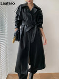 Autumn Long Oversized Black Faux Leather Trench Coat for Women Raglan Long Sleeve Double Breasted Brown Korean