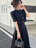 Korean Sweet Elegant 2 Piece Set Spring Summer Office Lady Skirt Suits Ruffles Polo Collar Knee-length Dresses for