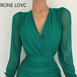 Women Solid Deep V Neck Folds Ruffles HemChiffon Three Quarter Long Sleeves Mini Working