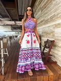 Bohemian Sexy Printed Women Dresses Halter Sleeveless Backless Naked Waist Long Dress Fashion Summer Beach Holiday