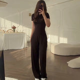 Summer New Women's Round Neck Solid Color Wide Leg Pants Temperament Commut Fashion