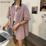 Women Short Sleeve blouses Solid Bf Oversize Loose Turn Down Collar College Simple Womens All-match Harajuku 2020
