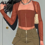 Cyber Y2K Streetwear Patchwork Front Hook Closures Corset Tops 90s Fashion Sexy Square Collar Long Sleeve Mesh
