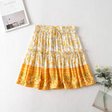 Queens Women Floral Print Beach Bohemian Skirt High Elastic Waist Rayon A-Line Boho Mini Skirts