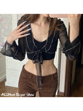 E-girl Aesthetics Bandage Black Mesh Crop Tops Pastel Goth Y2K Deep V-Neck Flare Sleeve Patchwork T-shirts Sexy