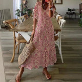 Queens Women Floral Print Short Sleeve Beach Bohemian Maxi Dress Ladies V-neck Boho Sundress