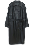 Autumn Long Oversized Black Faux Leather Trench Coat for Women Raglan Long Sleeve Double Breasted Brown Korean