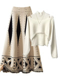 Warm Knitwears Two Piece Set For Women Outfit Korean Off The Shoulder Knitted Sweater+high Waist Patchwork Skirt Set