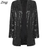 Sequin Open-Front Blazer Coat For Women Notched Lapels Jacket Tops 2023 Female Chic Party Outerwear