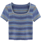 Striped Ribbed T Shirt Women 2022 Summer Grunge Tie Dye Crop Tops Sexy Slim Short Sleeve Tees Streetwear Y2k
