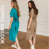 2021 summer midi dress short sleeve knot t-shirt dress solid color korean womens