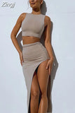 Fashion Elegant Solid Color 2 Two Pieces Set Crop Top + Sexy High Waist Side Slit Long Skirt Casual Street Style