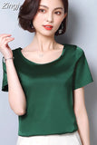 womens tops and blouses 2023 women shirts casual Silk O-neck sling top satin short sleeve stretch Solid blouse 2126