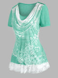 Women T-Shirt Lace Insert Cowl Front Ruffle Hem T Shirt Colorblock Fashion Women Tops Tees Punk