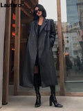 Spring Autumn Long Black Soft Pu Leather Trench Coat for Women Belt Double Breasted Cool Handsome European Fashion