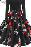 Print Vintage Women New Spring Elegant Party Long Sleeve Casual Black Patchwork Midi
