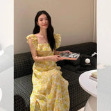 Vintage Floral Midi Dress Women Sweet Print Square Neck A Line Dresses Korean Vacation Yellow Flying Sleeves Slim